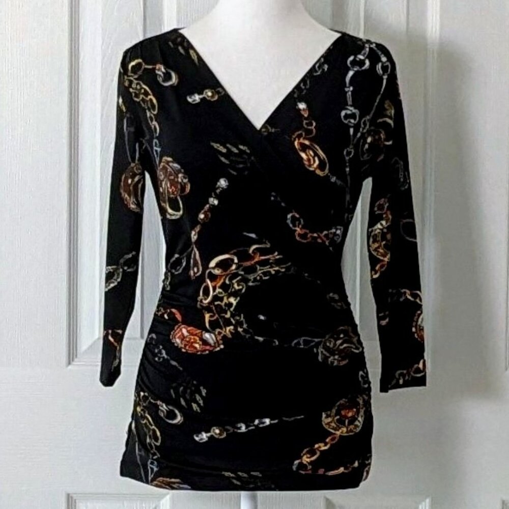 CARMEN MARC VALVO Women's 3/4 Sleeve Top Blouse  Size S  Black Print  NWOT